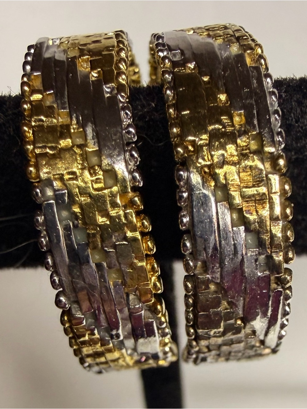 Milor Sterling Silver Two-Tone Gold and Silver Mosaic Hoop Earrings 7/8”